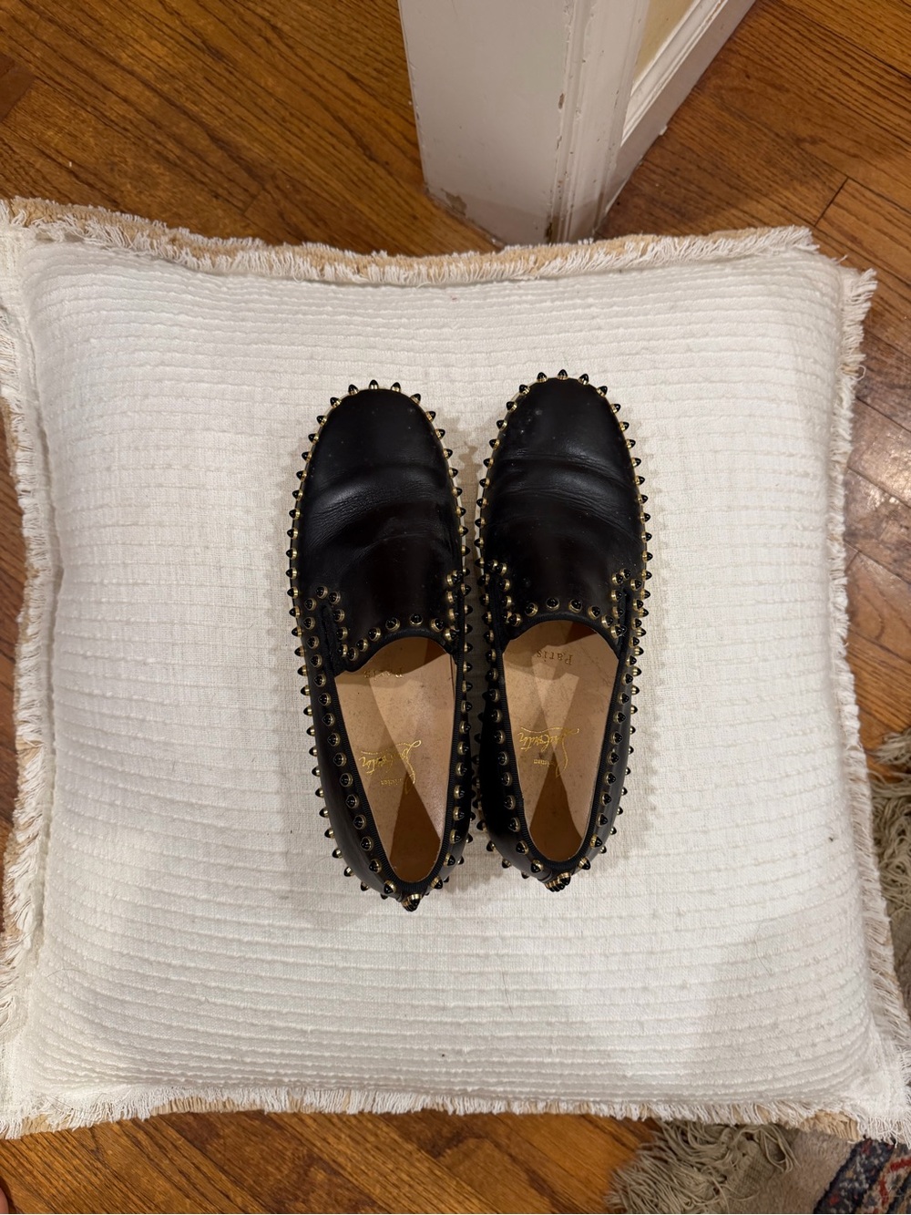 Christian Louboutin Black Leather Studded Slip-On Loafers
